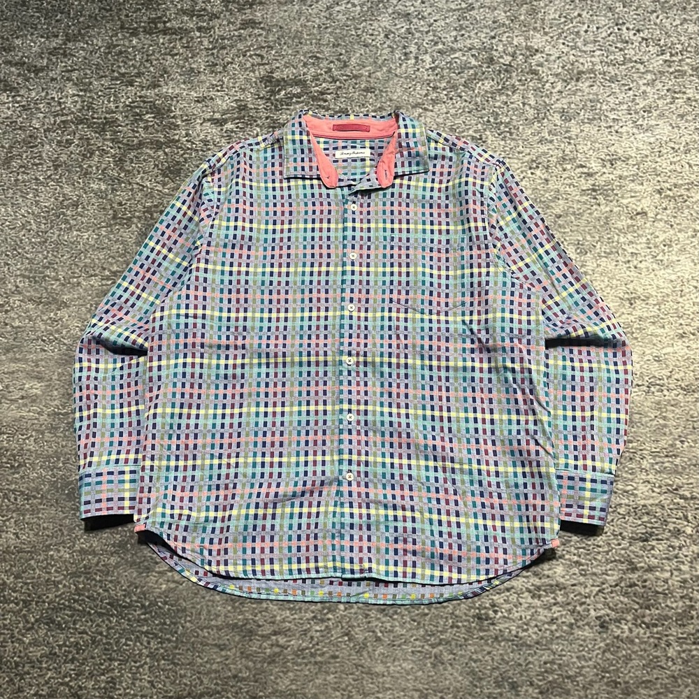 Tommy‎ Bahama Shirt Long Sleeve Button Up Plaid Mens XL Cotton Silk Casual